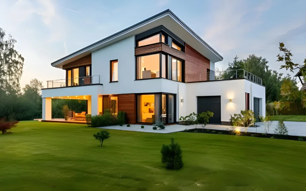 Maison moderne rénovée par nl-renovation à Toulouse avec façade blanche, bois et grandes baies vitrées